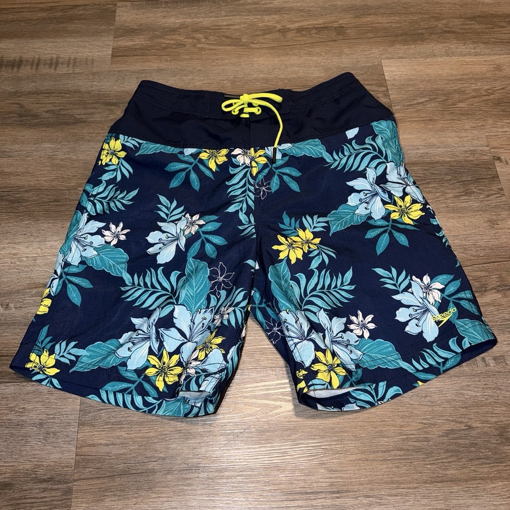 Speedo Bondi Board shorts UPF 50 Swim Trunk Blue Floral Medium Coastal Beach